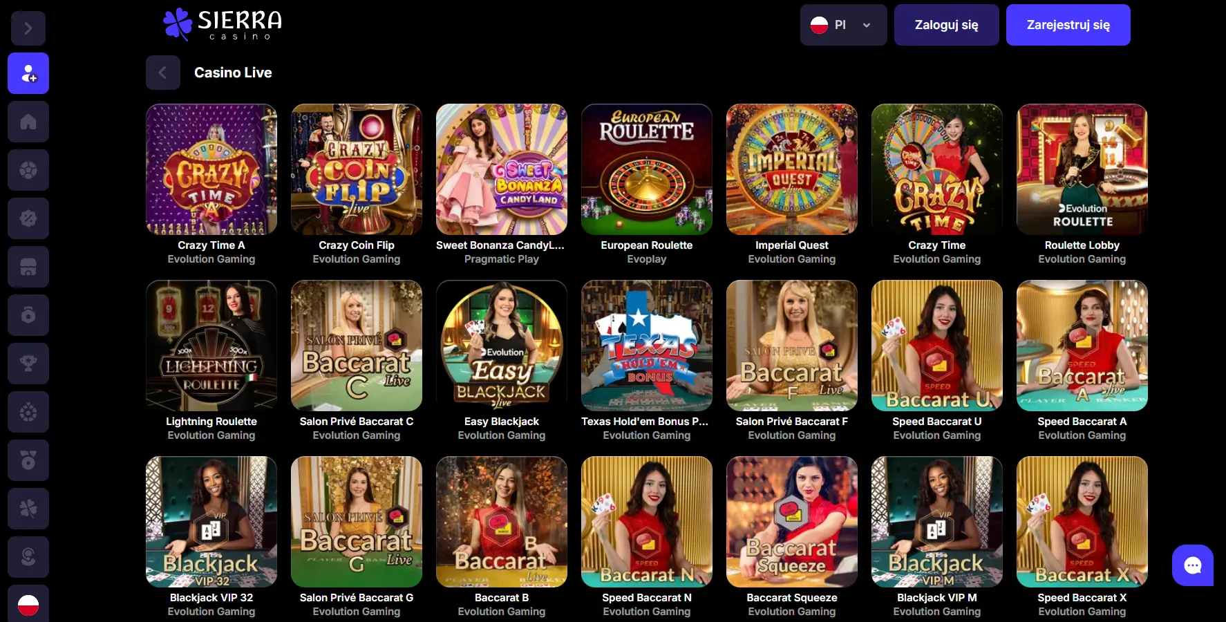 Gry i katalog Sierra Casino